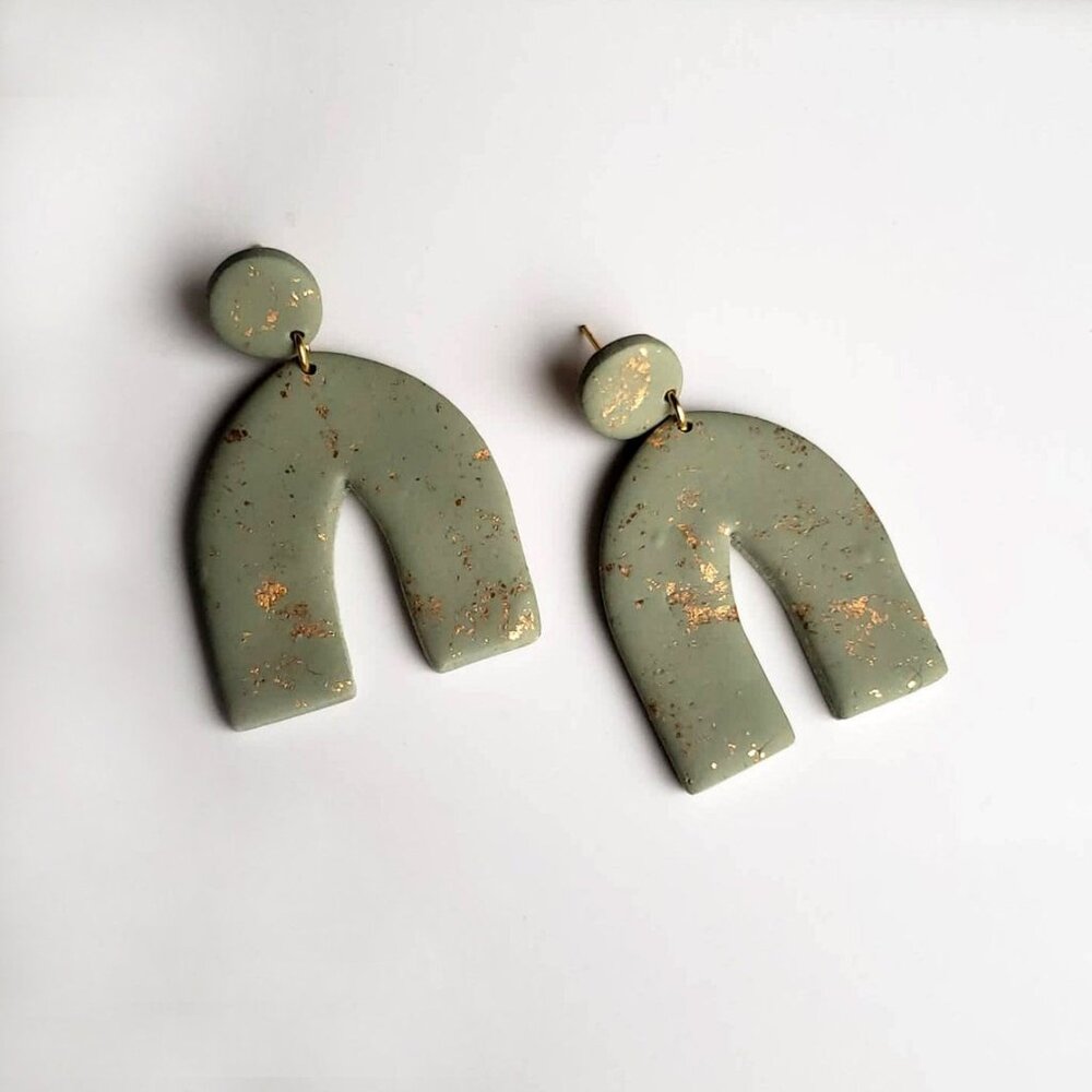 BRAND NEW! Green + Gold Leaf Rainbow Arch Earrings | Polymer Clay